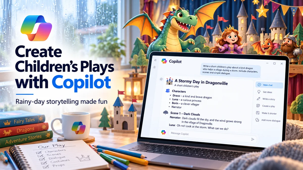 Microsoft 365 Copilot helping create a children's theatre play, including the storyline, script, characters, scenes and rehearsal plan.
