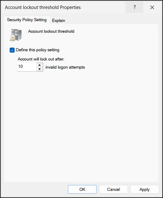 Account lockout threshold setting in Windows Security Policy, showing the failed logon attempts value