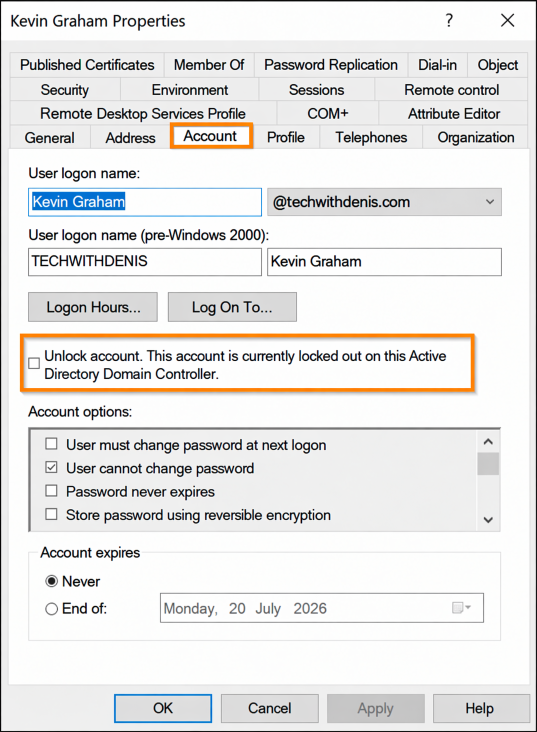 Active Directory user properties Account tab showing the unlock account checkbox for Kevin Graham