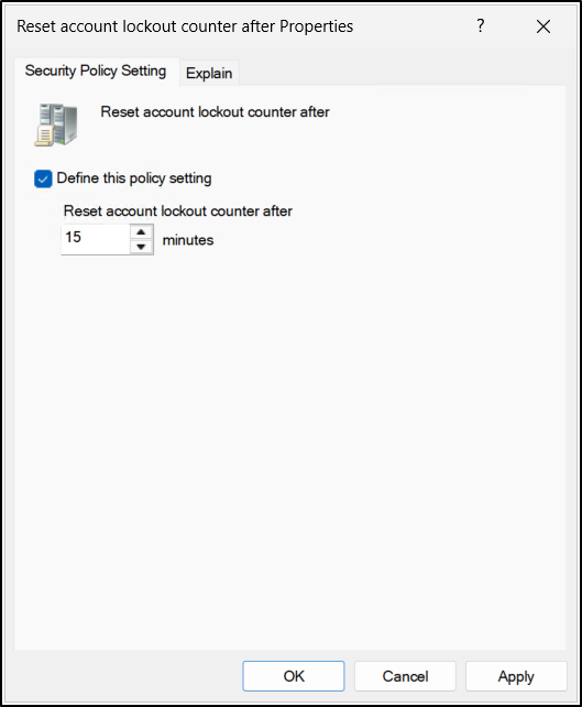 Reset account lockout counter after properties showing the counter reset interval