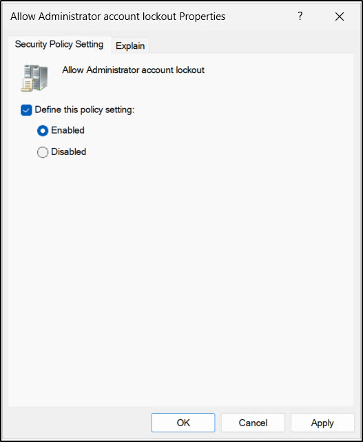 Allow Administrator account lockout security policy setting with Enabled and Disabled options