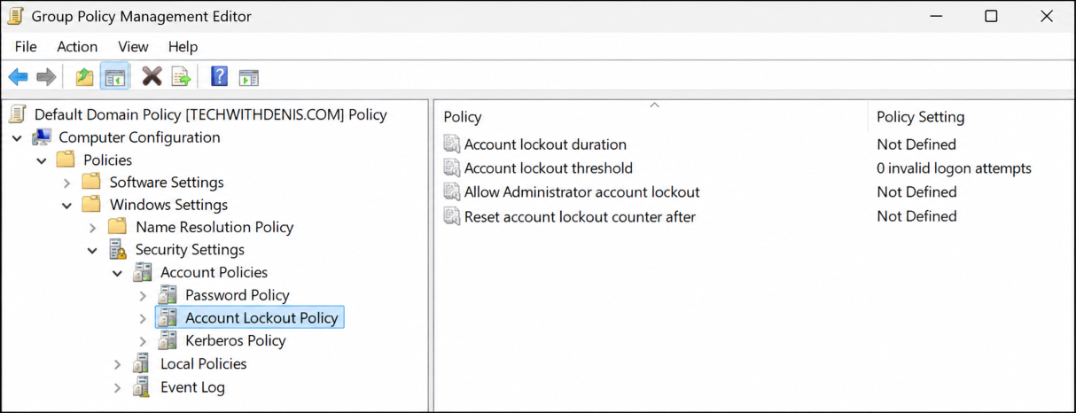 Group Policy Management Editor showing Account Lockout Policy under Account Policies for the default domain policy