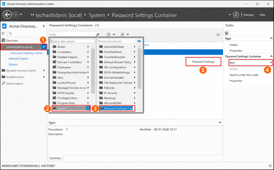 Active Directory Administrative Center showing the Password Settings Container navigation path