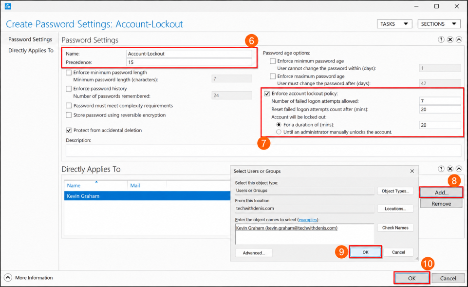 Create Password Settings window showing the Account-Lockout policy and account lockout values