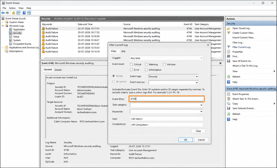 Windows Event Viewer Filter Current Log dialog with Event ID 4740 entered for Security log events
