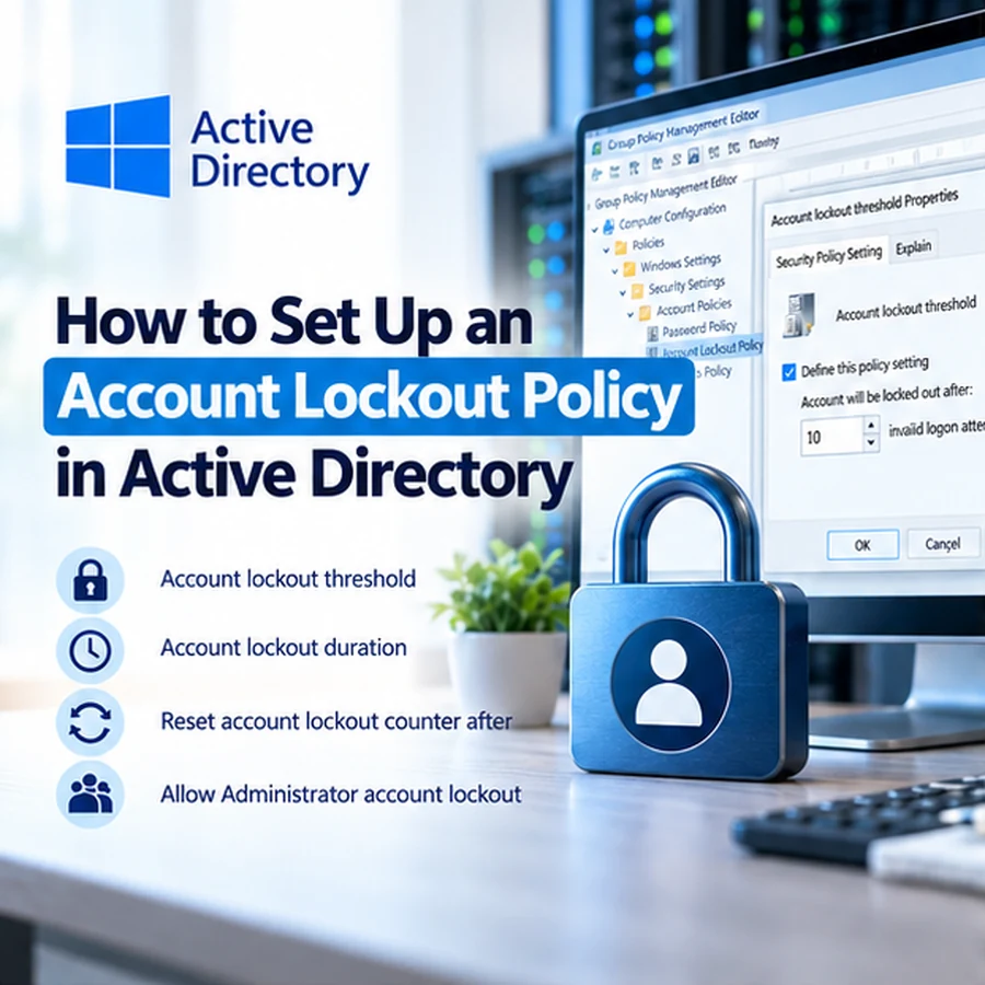 Active Directory account lockout policy configuration in Group Policy Editor, showing the failed logon attempt threshold and Windows security settings.