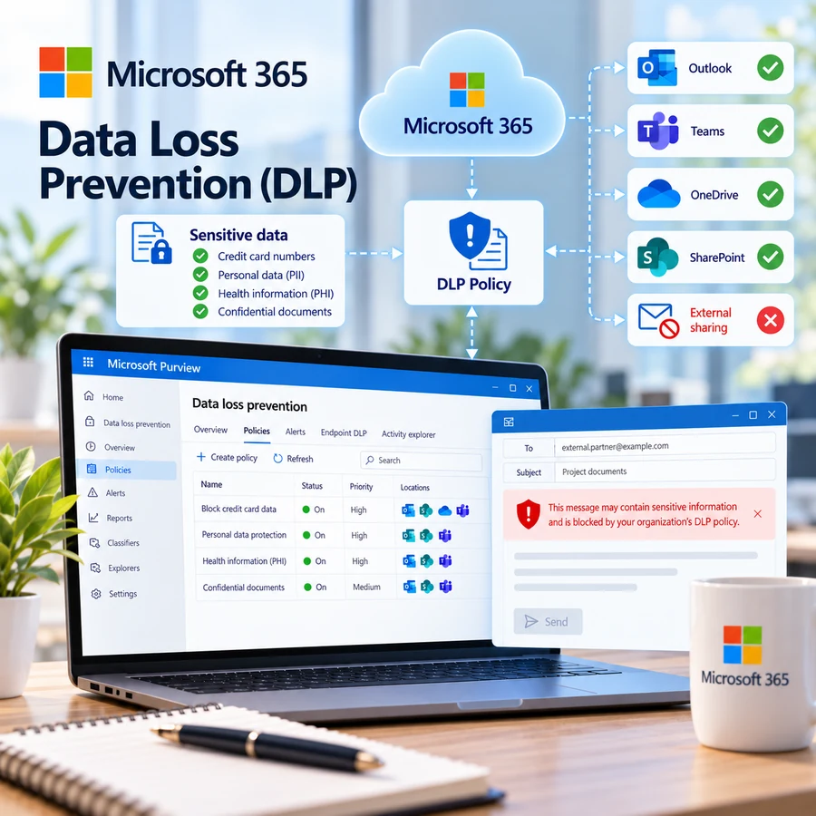 Microsoft 365 Data Loss Prevention policy in Microsoft Purview, protecting sensitive information across Outlook, Teams, OneDrive and SharePoint.