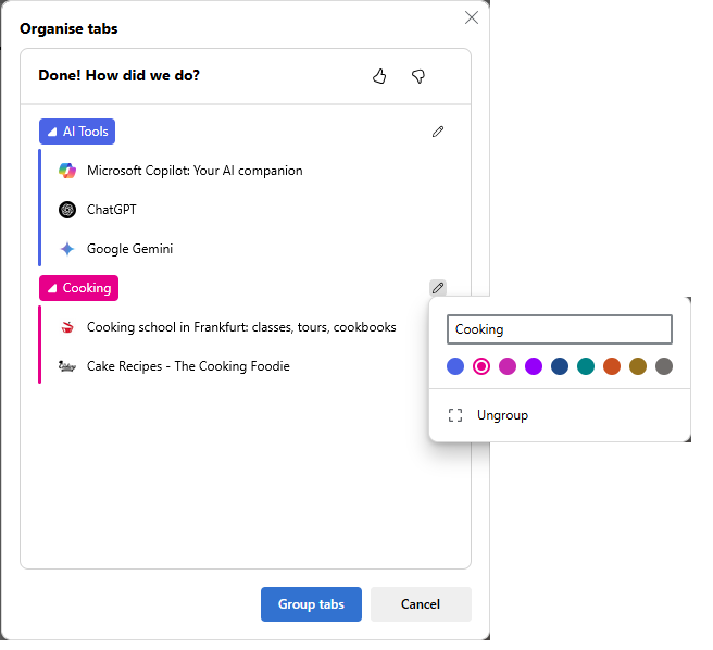 Microsoft Edge automatically grouping tabs into colored topic groups such as AI Tools