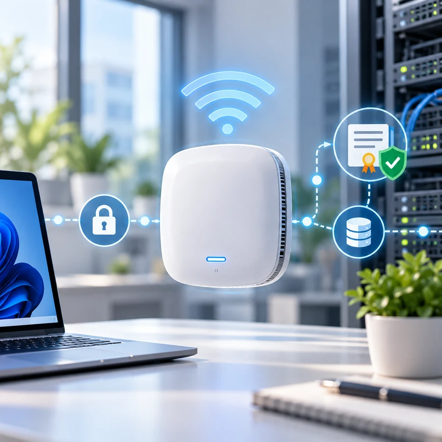corporate Wi-Fi authentication with a laptop, wireless access point, Windows Server and certificate-based security.