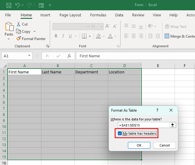 Excel Format as Table dialog box with range and headers option