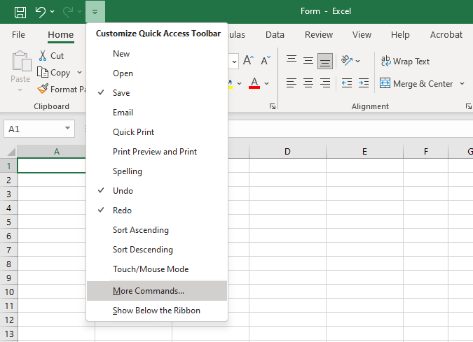 Excel Quick Access Toolbar dropdown menu showing More Commands option