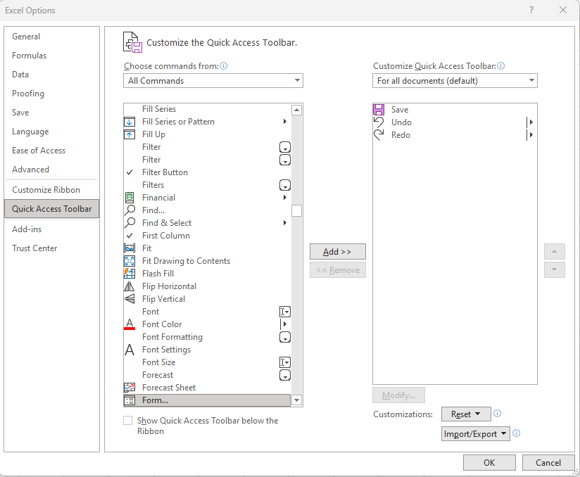 Excel Options dialog showing All Commands list for Quick Access Toolbar