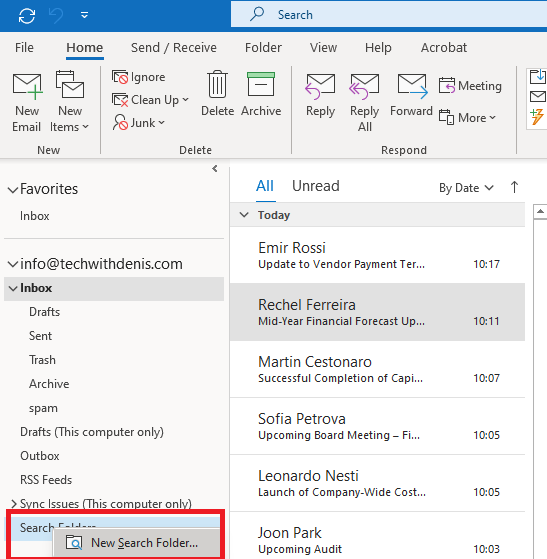 Outlook interface showing Search Folders section with “New Search Folder” option highlighted.