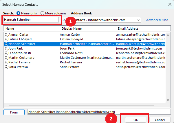 Outlook “Select Names” dialog with contact Hannah Schreiber highlighted and OK button selected.