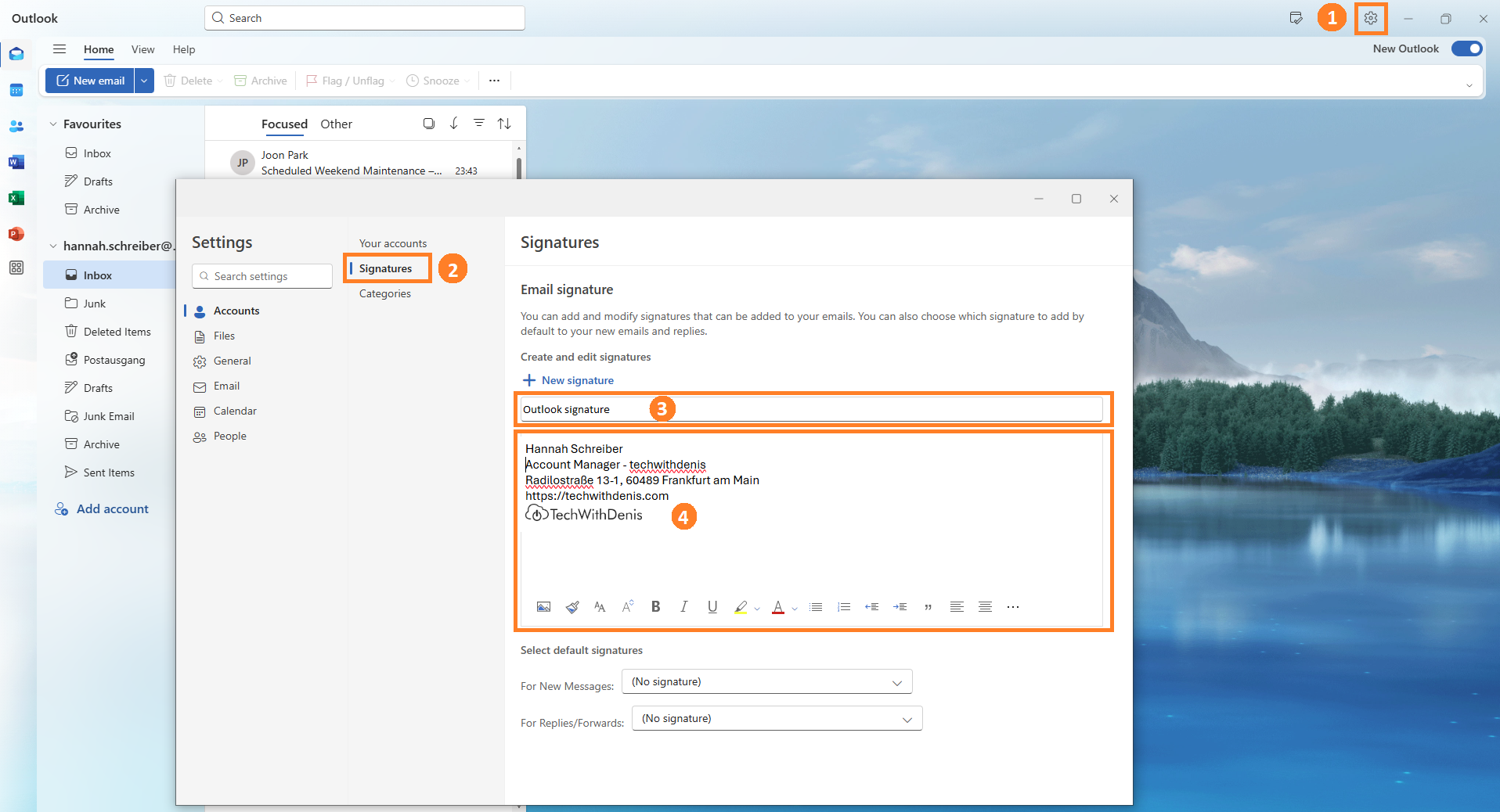 Outlook Desktop email signature settings with contact details and social media icons.