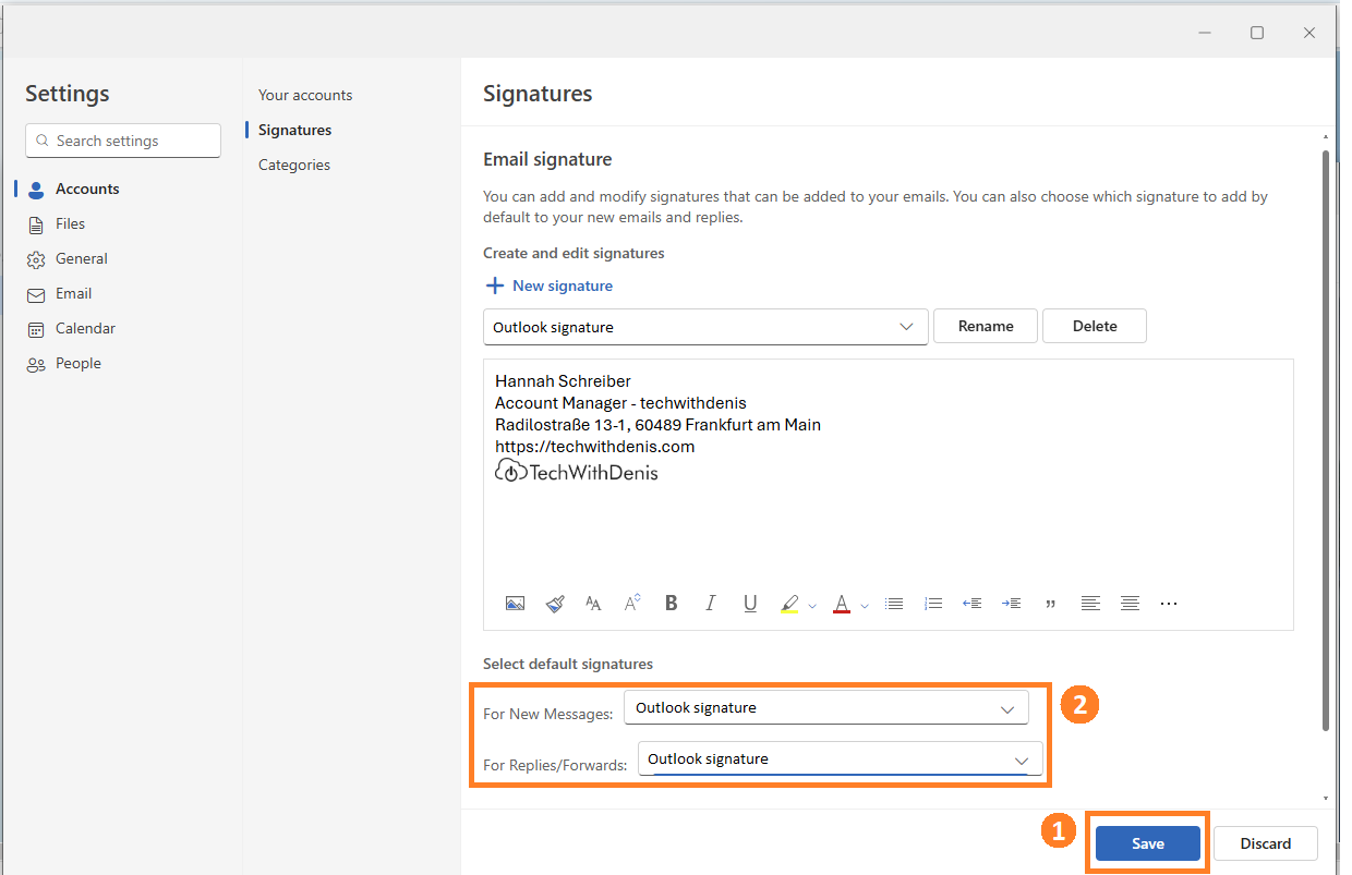 Outlook Web email signature settings with contact details and default signature options.