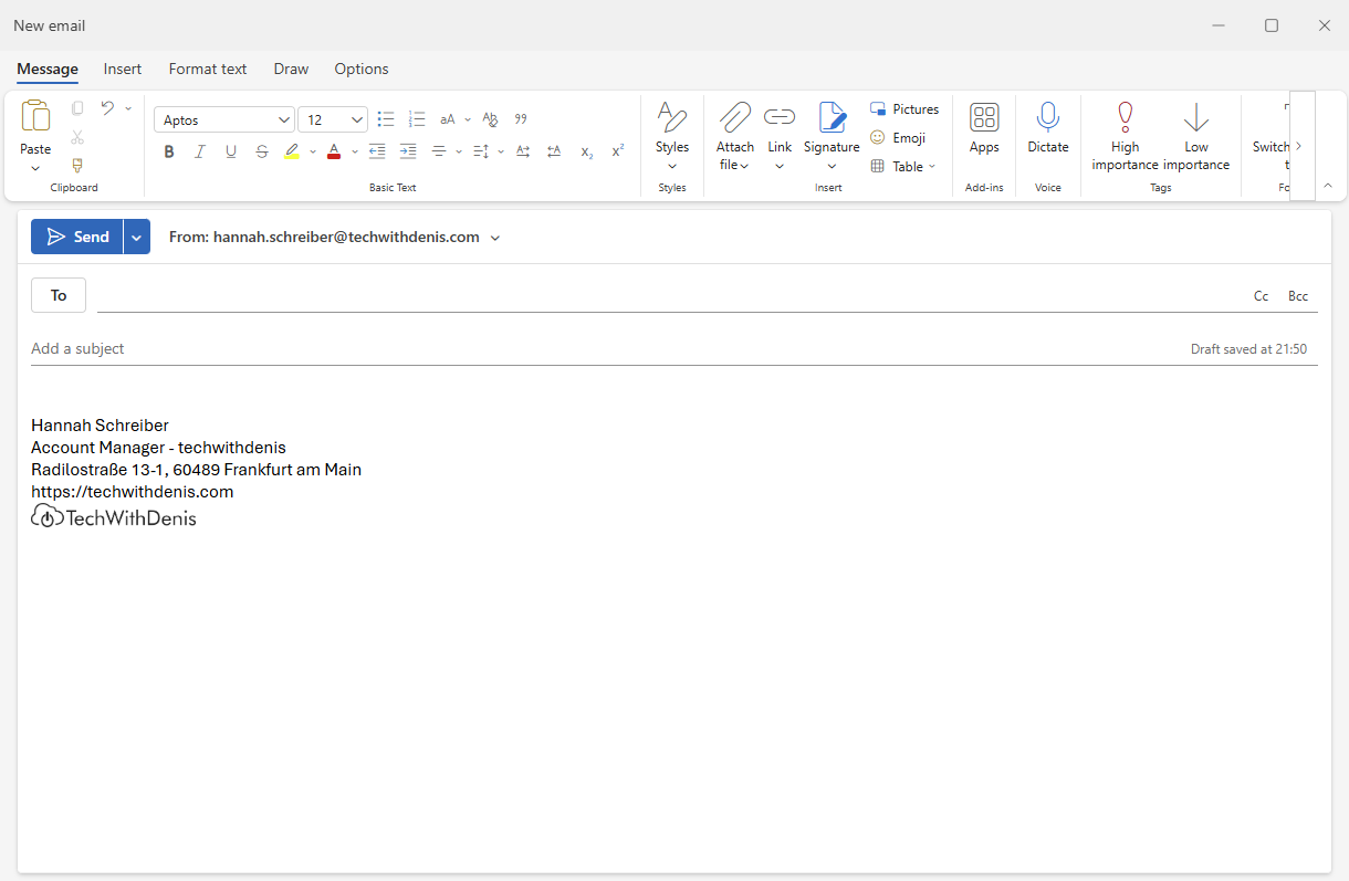 Outlook Desktop new email window showing a professional email signature.