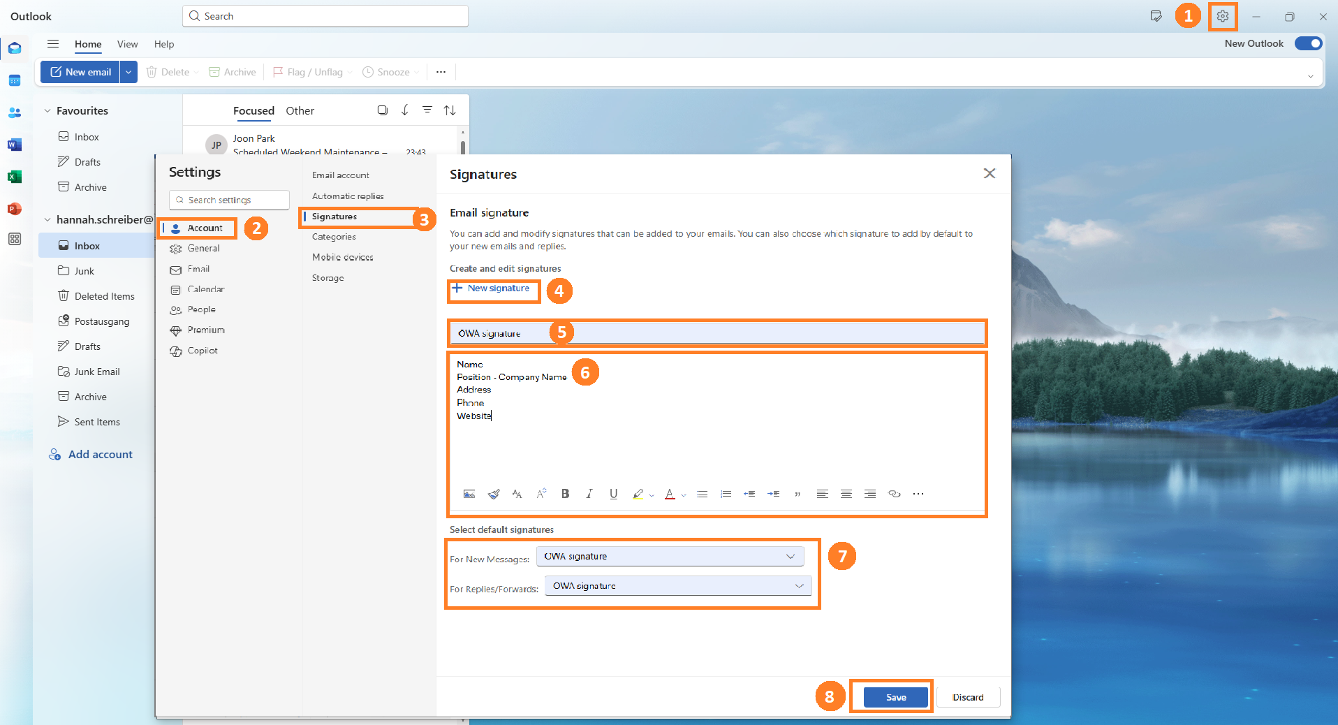 Outlook “Outlook Web email signature setup with default signature options selected.