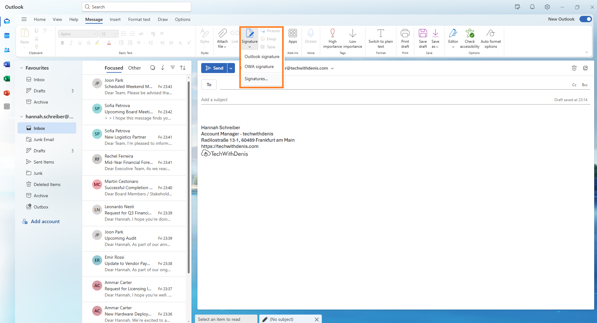 Outlook Desktop email composition window with signature menu showing multiple saved signatures.