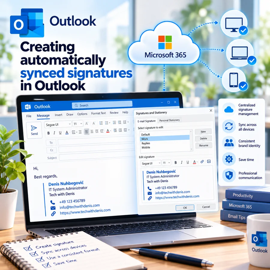 Automatically synced Outlook signatures managed centrally across Microsoft 365 and multiple devices.