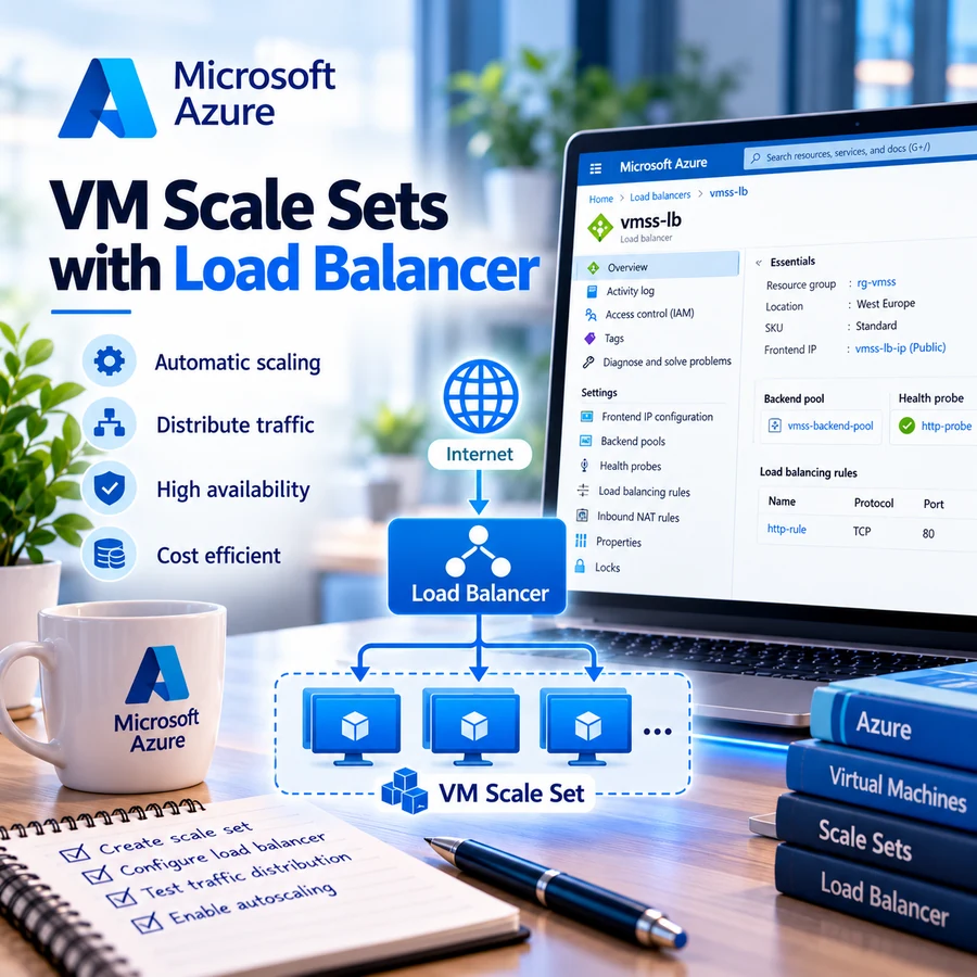 Microsoft Azure Virtual Machine Scale Sets with a Load Balancer distributing traffic across multiple virtual machine instances and supporting autoscaling.