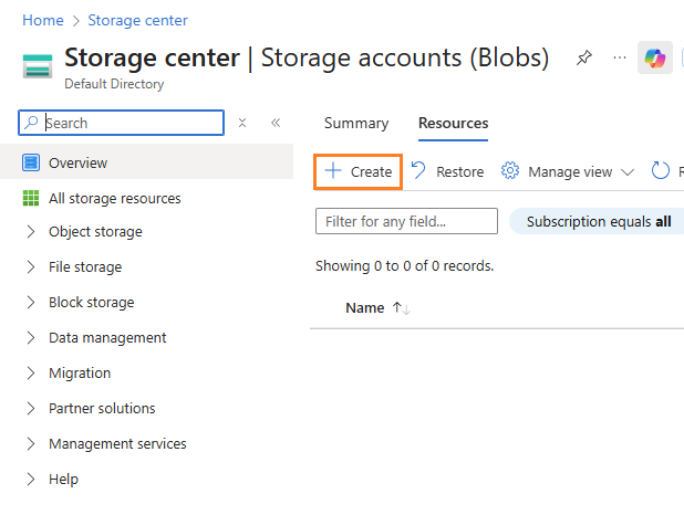 Azure portal screenshot of the Storage center for Blob accounts, highlighting the '+ Create' button for starting the process of creating a new storage account.