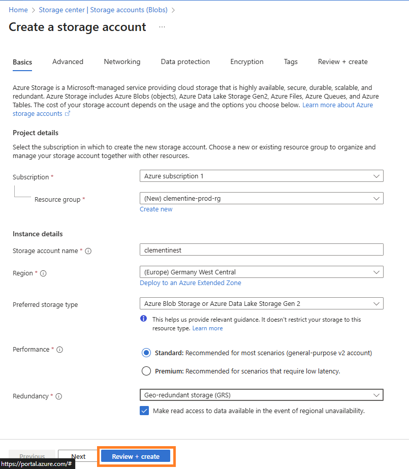 Azure portal create storage account page displaying project details and instance details sections.