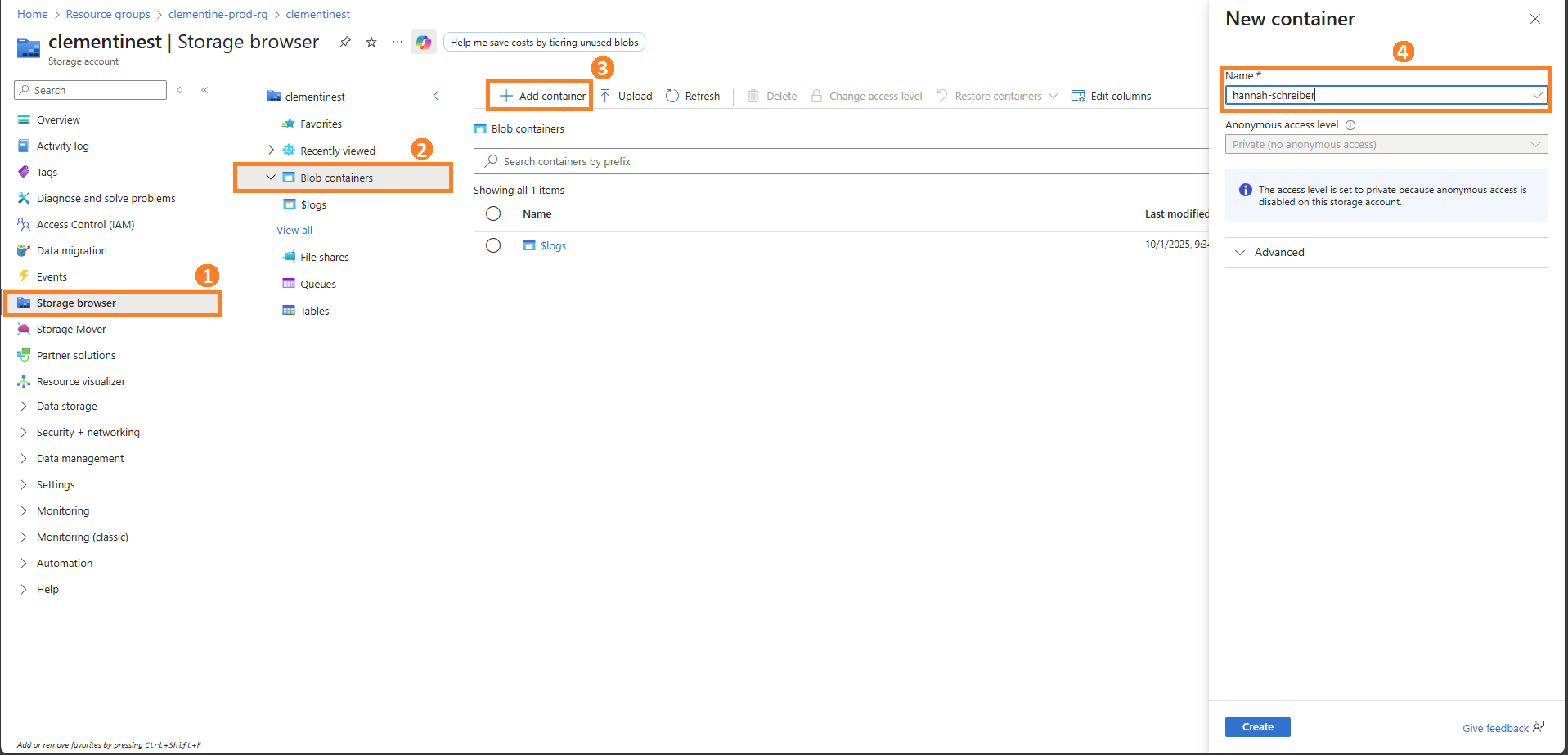Azure portal screenshot showing the steps to create a new Blob container: navigating to 'Storage browser', selecting 'Blob containers', clicking 'Add container', and entering the container name.