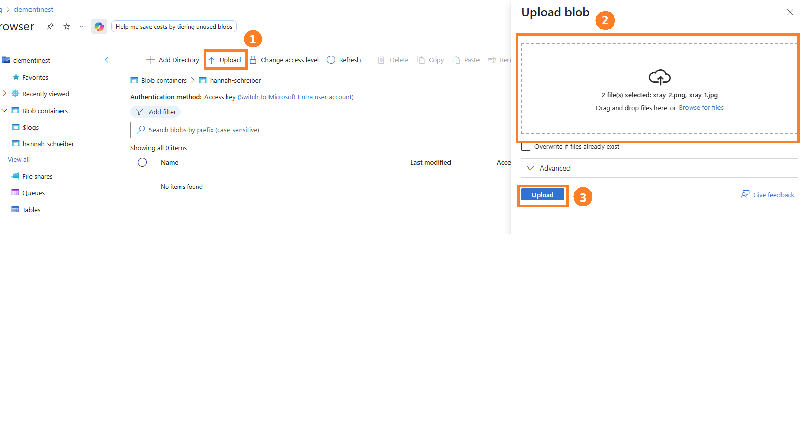 Azure portal upload dialog showing the steps to add files to a Blob container: clicking 'Upload', selecting files, and confirming upload.