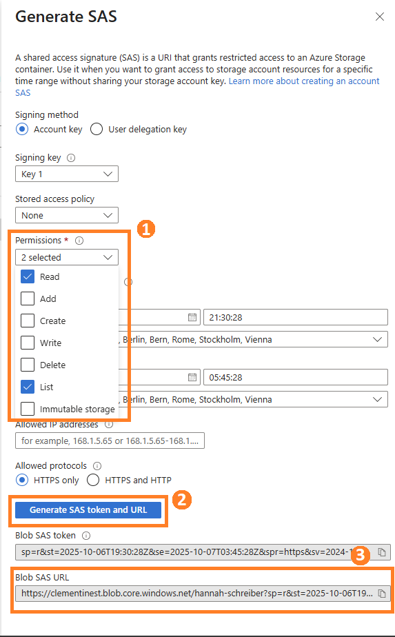 Azure portal screenshot showing the 'Generate SAS' dialog for a storage container. The image highlights the selection of 'Read' and 'List' permissions in the dropdown, the blue button to generate SAS token and URL, and the output fields displaying the Blob SAS token and Blob SAS URL for securing blob access.