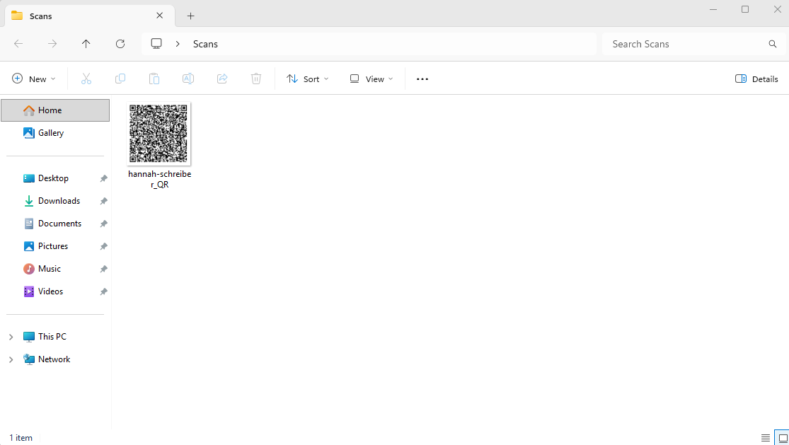 Windows File Explorer window open to the 'Scans' folder, displaying a single QR code image file named 'hannah-schreiber_QR' with a QR code thumbnail.