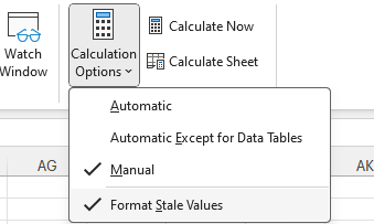 Microsoft Excel Formulas tab displaying Calculation Options with “Manual” mode and “Format Stale Values” enabled, alongside buttons for “Calculate Now” and “Calculate Sheet.