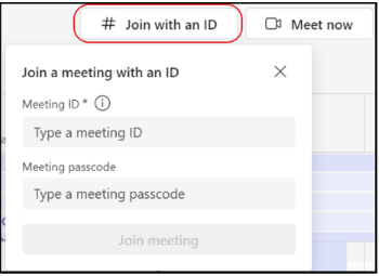 Microsoft Teams interface showing pop-up window for joining a meeting via ID, with input fields for Meeting ID and passcode, and a disabled “Join meeting” button.