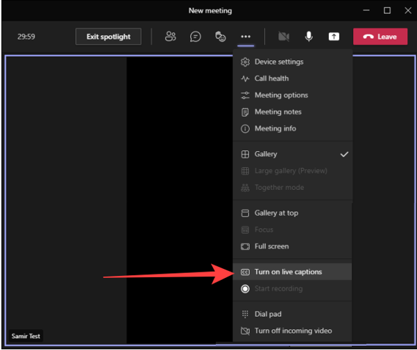 Microsoft Teams meeting interface showing dropdown menu with “Turn on live captions” option highlighted, alongside icons for device settings, recording, gallery view, and other meeting controls.