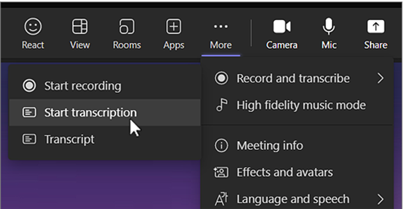 Microsoft Teams meeting interface with the More menu open, highlighting the “Start Live Transcription” option among other controls like recording, meeting info, and language settings.