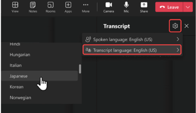 Microsoft Teams transcript settings interface showing options to set spoken and transcript languages via dropdown menu, with settings gear icon and meeting controls visible.