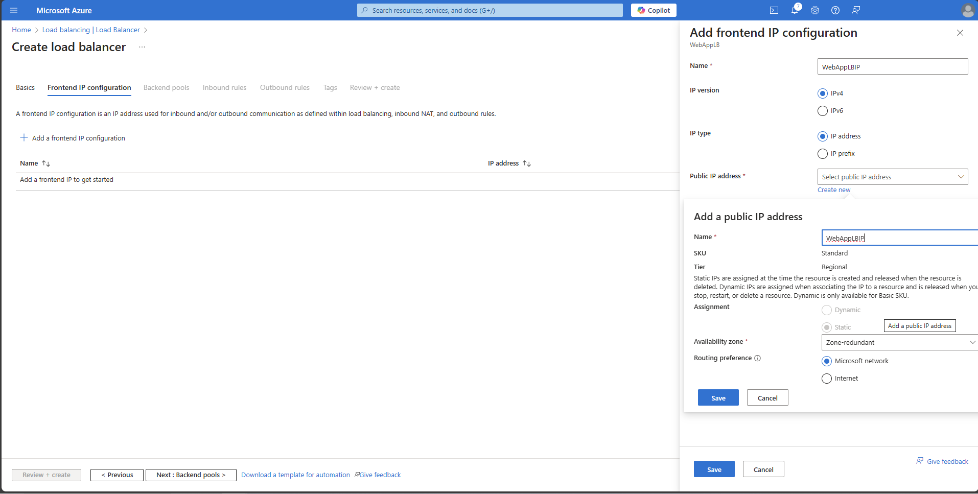Azure Load Balancer frontend IP configuration showing static IPv4 setup using a zone-redundant public IP with Standard SKU in the Germany West Central region.