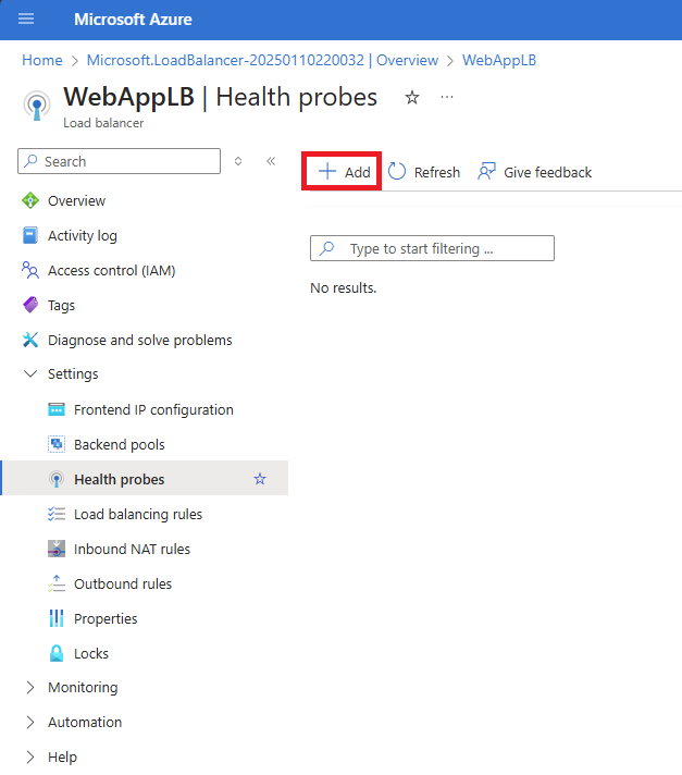 Azure Load Balancer health probe configuration interface showing options to add custom probes, with no existing probes listed.