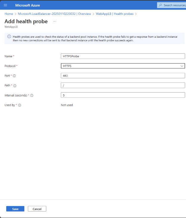 Azure Load Balancer health probe configuration with HTTPS protocol on port 443 and currently unused by any backend pool.