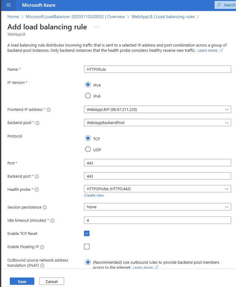 Azure Load Balancer rule configuration showing IPv4 setup for TCP protocol on port 443 with session persistence disabled, idle timeout set to 4 minutes, and outbound SNAT recommended.