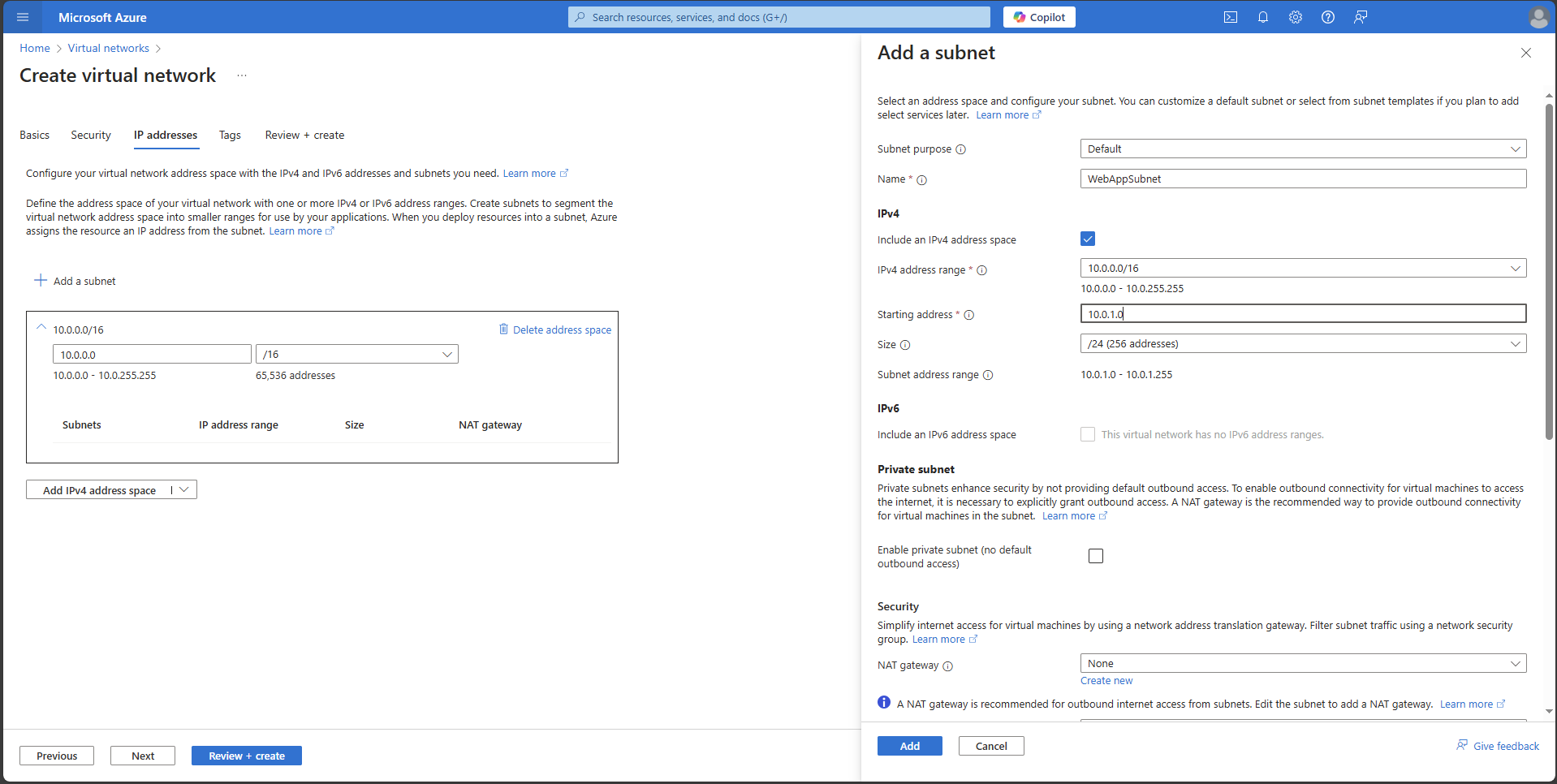 Azure Portal interface for creating a virtual network and configuring a subnet with IPv4 settings. The screenshot displays the IP address space configuration (10.0.0.0/16) and the setup of a new subnet named 