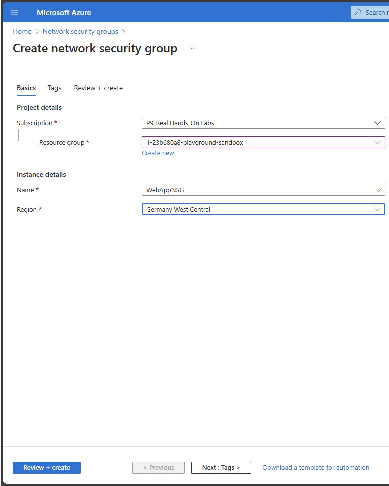 Azure Portal interface for creating a Network Security Group (NSG), showing subscription, resource group, NSG name and selected region during VM Scale Set deployment.