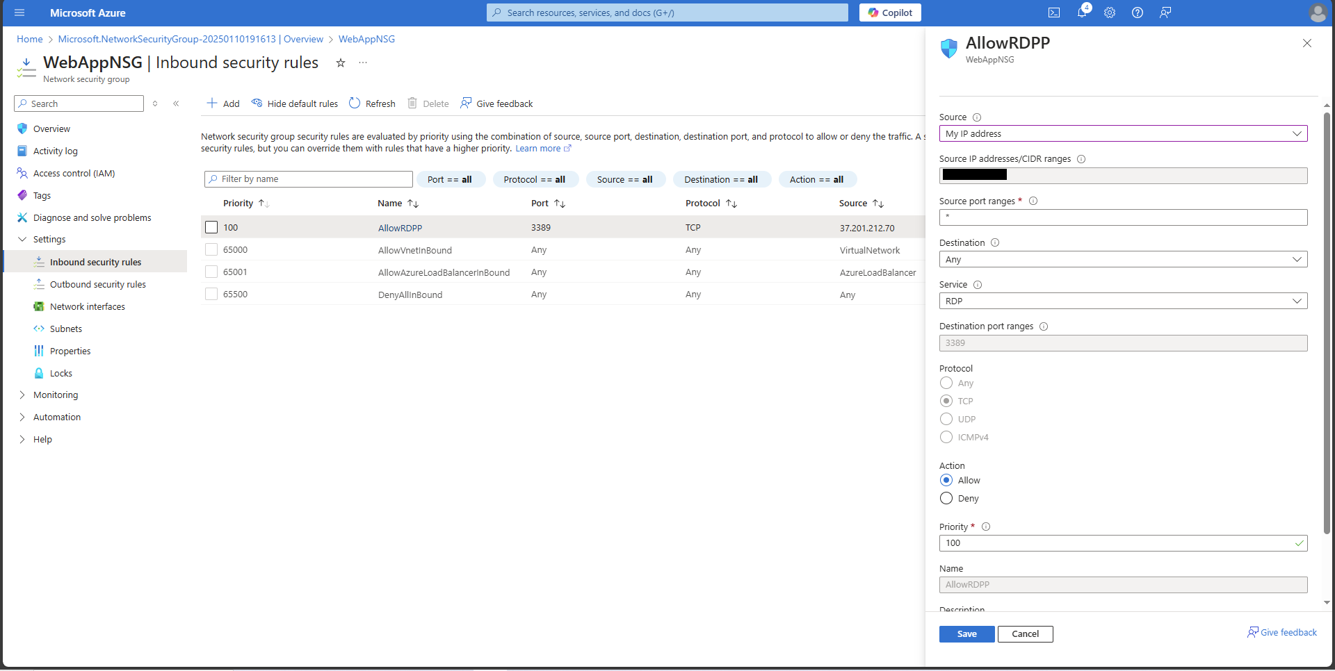 Azure NSG configuration screen showing inbound security rules, including RDP access from a specific IP, BalancerInbound and DenyAllInbound for VM Scale Set network protection.