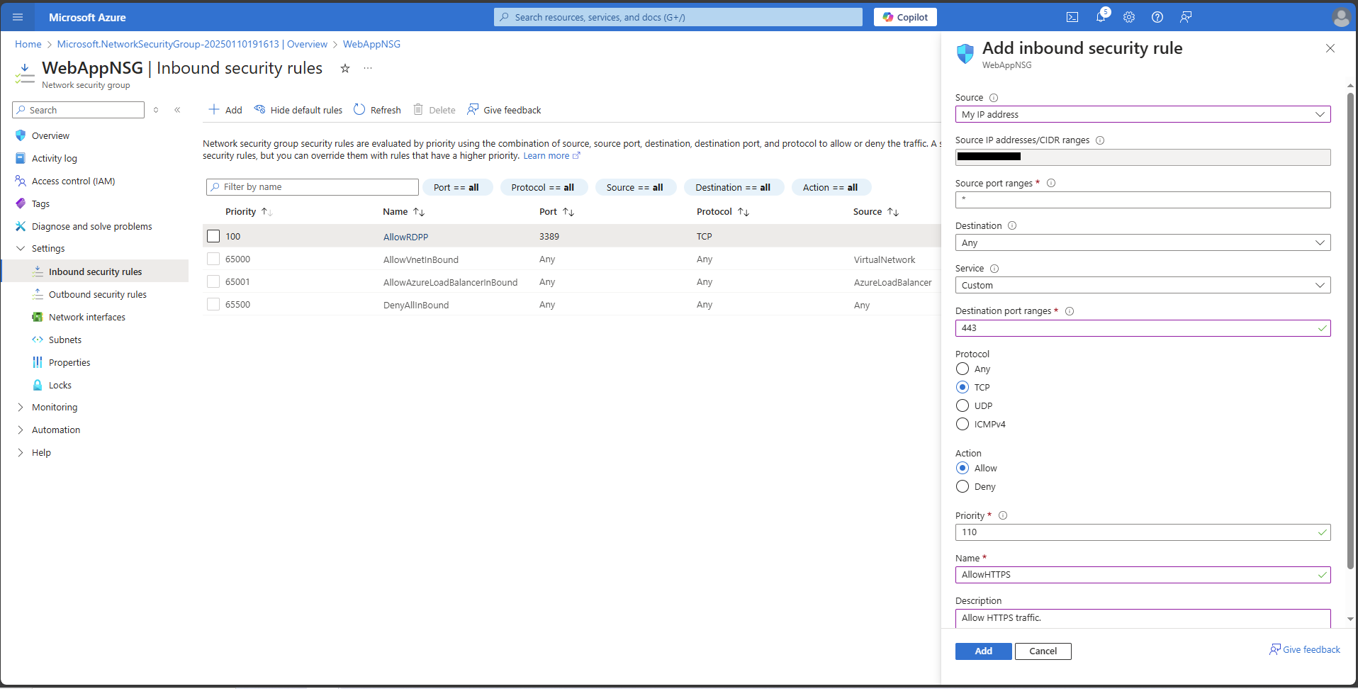 Azure NSG settings for VM Scale Set showing active inbound rules including “AllowHTTPS” on TCP port 443 from user IP and “AllowRDP” on port 3389.