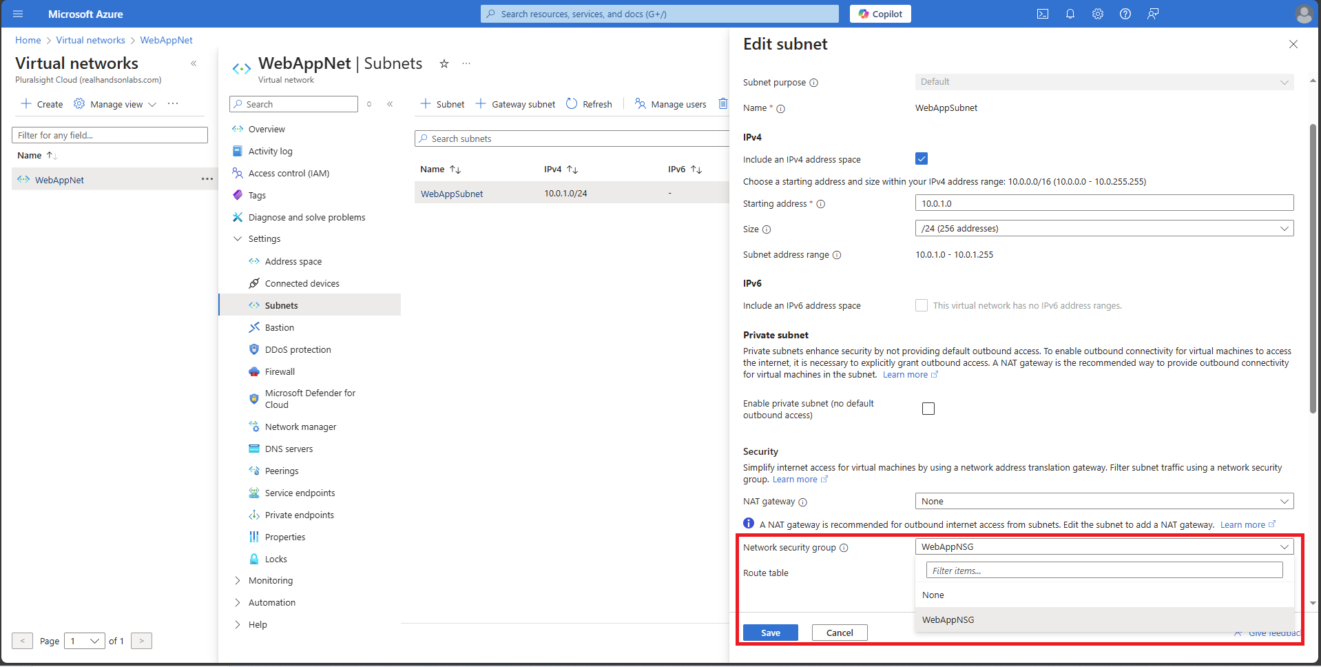 Azure Virtual Network subnet settings showing IPv4 range and attached NSG for the Subnet.