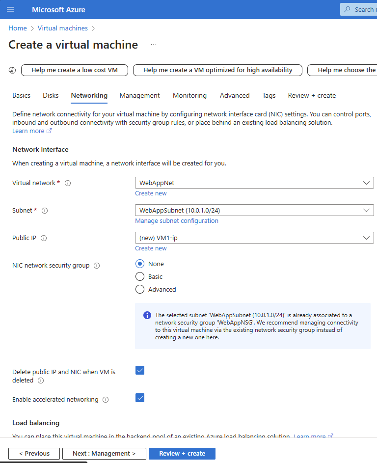 Azure VM creation shoowing Networking tab with subnet linked to NSG.