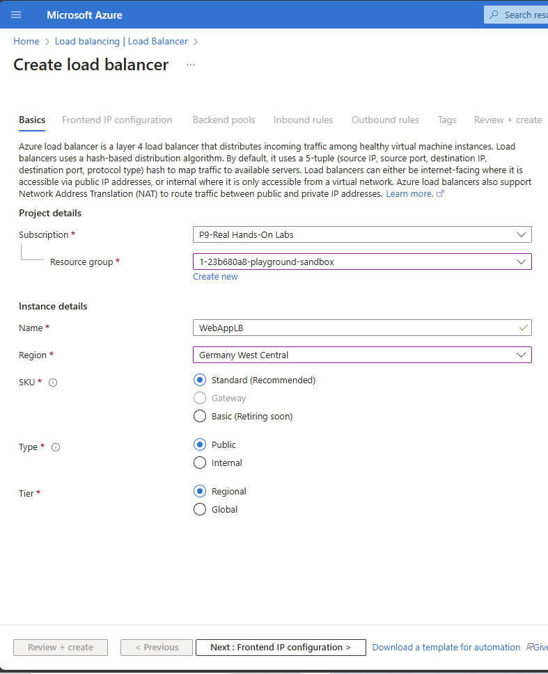 Azure Load Balancer creation page