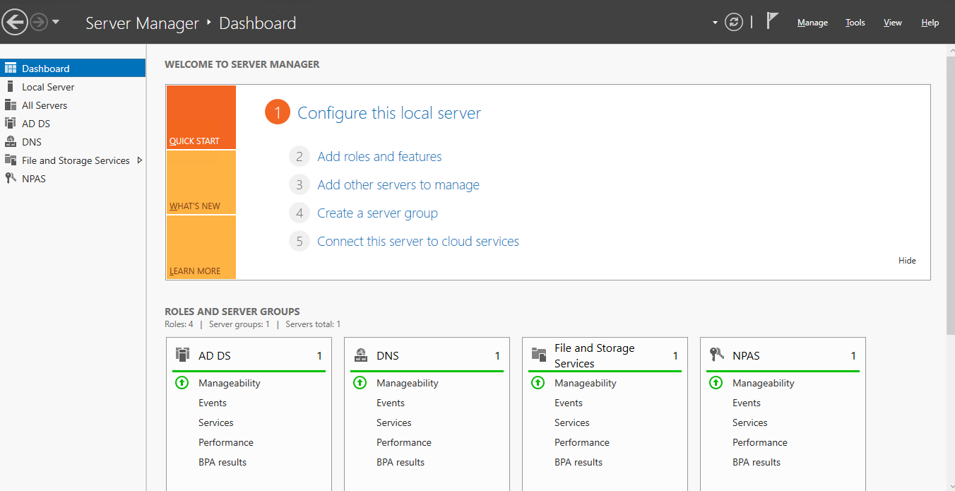Screenshot showing Network Policy and Access Services installed and NPS registered in Active Directory
