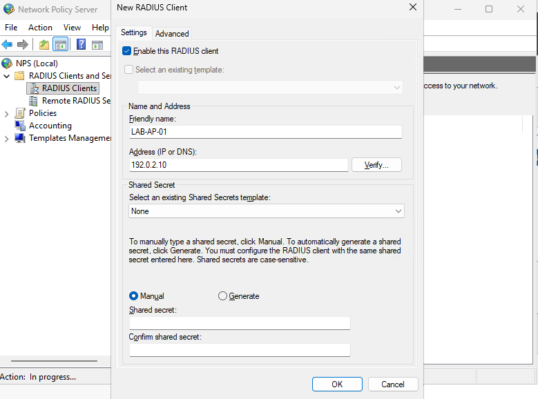 NPS console showing a wireless access point added as a RADIUS client