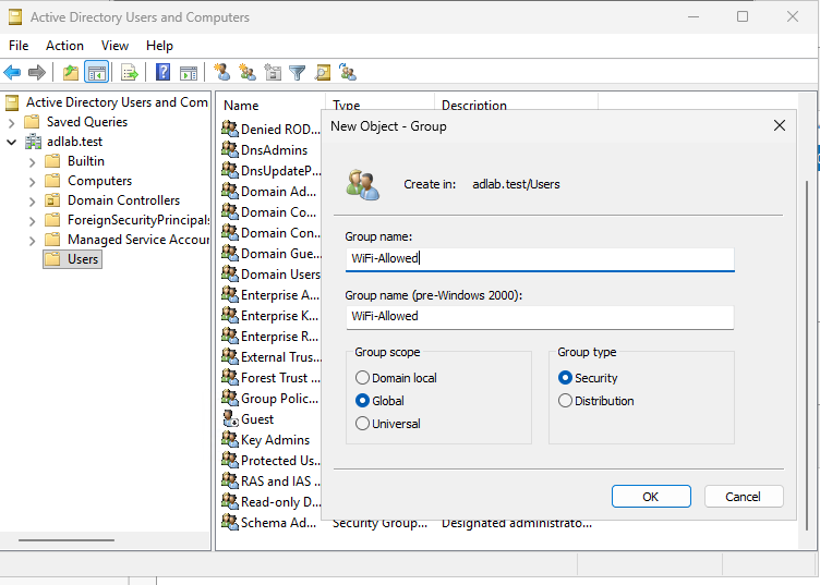 NPS network policy showing the WiFi-Allowed group and PEAP authentication settings
